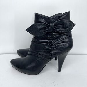 Via Spiga Black Leather Ankle Booties with Bow Accent